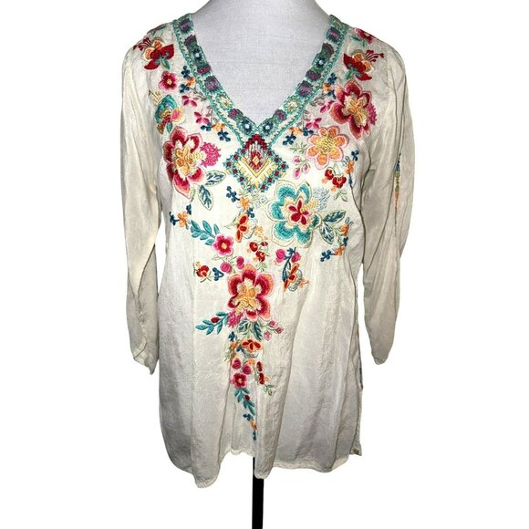 Johnny Was Roma Embroidered Floral V-Neck Sheer Tunic Top Size XS - Picture 1 of 11